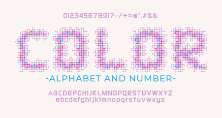Fototapete - Retro font made of colorful dots. LED digital letters Alphabet with uppercase, numbers and symbols.