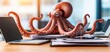 © tanapat - An octopus with tentacles typing on multiple laptops and handling paperwork, symbolizing multitasking and workload management