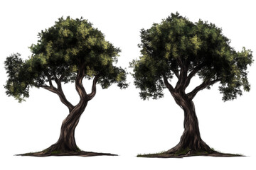 Poster - Two beautifully detailed trees on a white isolated background, showcasing their unique shapes and lush green foliage.