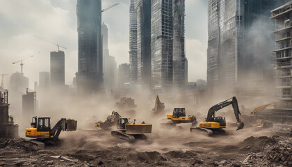 A vibrant construction site filled with heavy machinery like cranes, bulldozers, and excavators.






