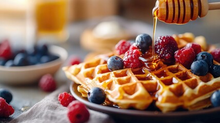 A breakfast spread with honey drizzled over waffles, served with fresh berries and syrup