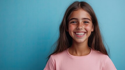 Photo of a cute, cheerful, lovely and happy brown-skinned girl wearing a pink shirt and looking at the camera.