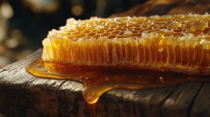 A close-up of honeycomb dripping golden honey onto a rustic wooden board