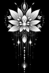Poster - A stunning floral composition features delicate petals and intricate patterns in black and white, complemented by shimmering beads and elegant lines, creating an artistic focal point.
