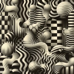 Poster - The composition displays a dynamic interplay of swirling lines, spheres, and checkerboard patterns, creating an engaging visual rhythm. The artwork captivates with its intricate design and contrasts.