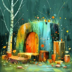 A whimsical, colorful structure sits in a serene woodland, embellished with flowers and surrounded by logs. Soft light filters through the trees, creating a tranquil atmosphere in nature.