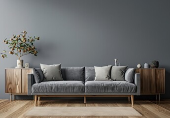 A minimalist living room with a grey sofa, wooden cabinets and a potted plant, perfect for showcasing art or photography