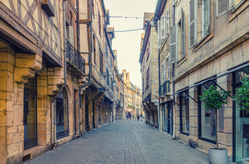 Old medieval houses buildings on Rue Verrerie pedestrian street in Dijon city historical centre, Dijon old town centre ville, Bourgogne-Franche-Comte region, France