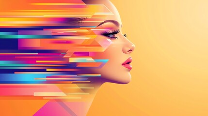 A vibrant abstract portrait of a woman, showcasing flowing colors and dynamic motion against an orange background.