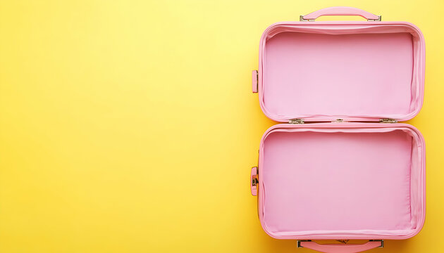 An open pink travel suitcase on a yellow background with ample copy space, evoking fashion, travel, and vacation plans  