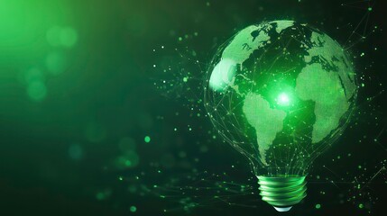 Wall Mural - a glowing light bulb shaped like the earth with a green background.