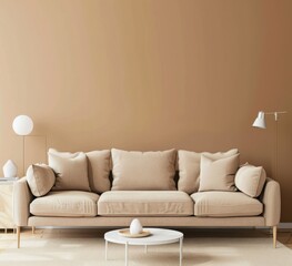 Modern minimalist living room interior with beige walls, comfortable sofa, round coffee table, stylish lamp, and soft rug. Warm and cozy atmosphere with space for text or product placement