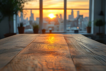 A wooden table foreground with a sunset view, showcasing city skyline and potted plants, casting warm light and inviting atmosphere.