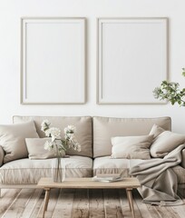 Two empty square frames on a white wall above a couch with beige cushions and a wooden coffee table in a modern living room