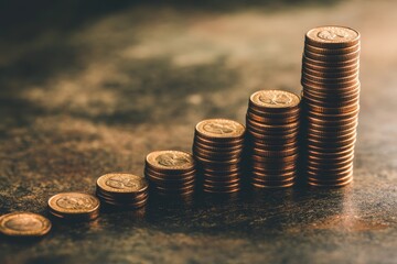 Stacks of Golden Coins on Dark Background