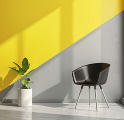 Modern minimalist interior design with a black chair, a green plant, and a yellow and gray wall. Stylish furniture and decor