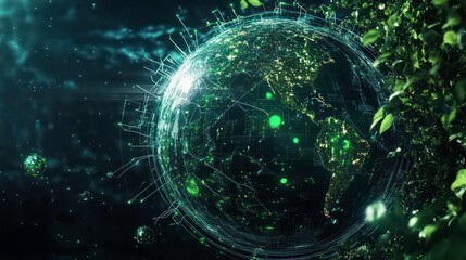 Wall Mural - a stylized earth globe with green glowing lines and a leafy branch on the right, against a dark blue