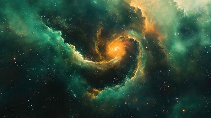 Wall Mural - a swirling nebula of green and orange gas in the vastness of space, with scattered stars in the back