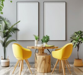 Stylish and modern dining room interior with two blank frames for mockup, yellow chairs and wooden table. 3D rendering illustration