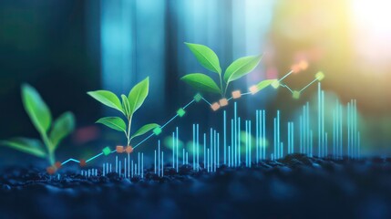 Poster - Young green plants growing in soil with a blue upward trend line and bar graph symbolizing growth and success.