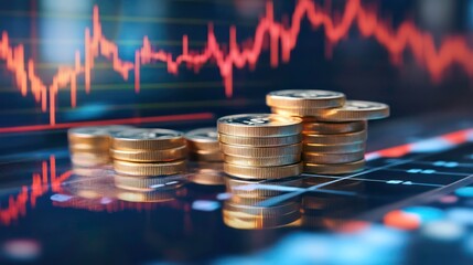 Poster - Stacks of gold coins on a tablet device with a stock market graph in the background.