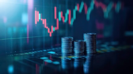 Poster - Stacked silver coins against a background of a stock market chart.