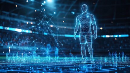 Poster - A digital human athlete stands in a stadium of blue lights, surrounded by a crowd of digital people.