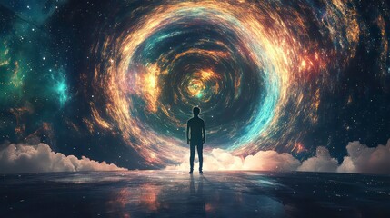 Wall Mural - a lone figure stands before a swirling, cosmic portal, bathed in the light of distant galaxies, surr