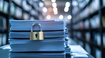 Poster - A gold padlock secures a stack of papers in a library, suggesting information security and privacy.