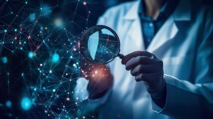 Poster - A scientist in a lab coat uses a magnifying glass to examine a complex network of connections.