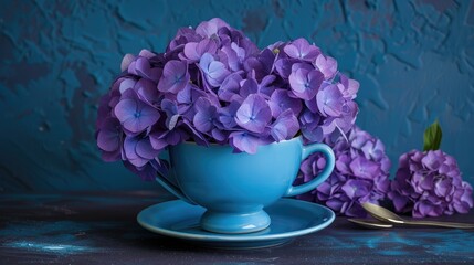 Poster - A blue ceramic cup and saucer filled with purple hydrangeas