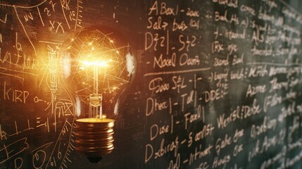 Wall Mural - A glowing light bulb against a backdrop of complex mathematical formulas