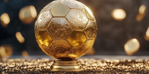 Gold Soccer Ball. Champion Award with Winner Trophy on Competition Background