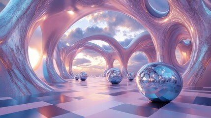 Futuristic interior design with organic shapes and reflective surfaces