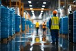 © WhimsyCreative - Workers equipped in safety gear and uniforms are walking in an industrial warehouse with large machinery and pallets around.