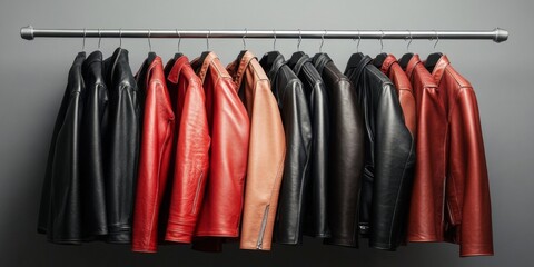 Retro leather jackets showcased on a metal pipe rack against a gray backdrop.