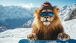 © florynstudio3 - A lion wearing sunglasses and a beanie sits on a snowboard in the snow in front of a mountain range.
