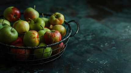 A dark wire metal basket filled with colorful apples against a dark background, with ample space for text.