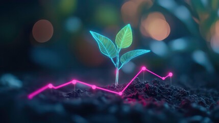 Wall Mural - a glowing neon green plant sprout emerges from dark soil with a pink neon line graph that rises behi