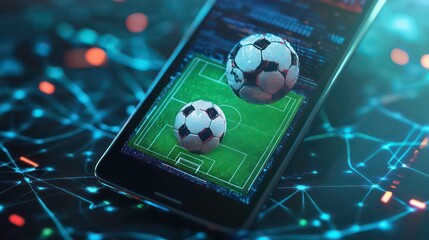 Poster - A smartphone screen displaying a soccer field with two soccer balls in front of a blue background with network lines.