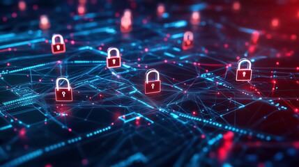 Poster - Abstract digital network with padlock icons representing data security and protection on a glowing circuit board background.