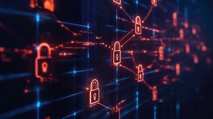 Poster - Abstract digital background with glowing padlock icons connected by lines, representing cybersecurity and data protection.