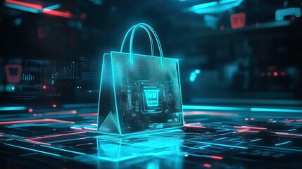 Wall Mural - a glowing blue shopping bag on a futuristic digital platform, symbolizing online shopping and digita