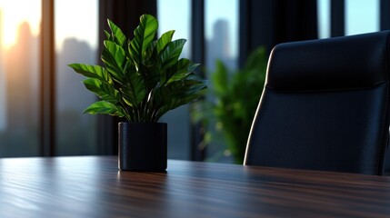 Poster - Soft sunlight streams through large windows, casting a warm glow over a stylish office setup featuring a small plant on the desk and an unoccupied chair, creating a tranquil atmosphere