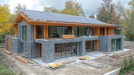 Eco-friendly housing project with solar panels and energy-efficient appliances being installed, focusing on sustainability and modern living