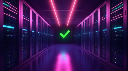 Poster - a server room with neon lights and a green checkmark.