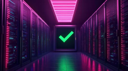 Poster - A server room with a green checkmark symbol on a screen in the middle of a hallway.