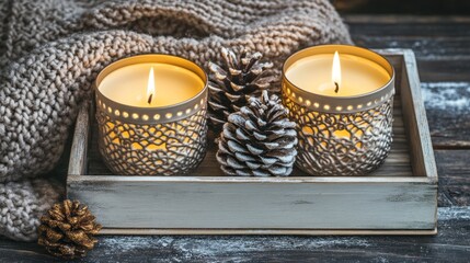 A warm arrangement featuring two lit candles surrounded by decorative pine cones, complemented by a cozy knitted blanket on a rustic wood table, creating a serene winter atmosphere