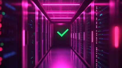 Poster - A server room with neon lights and a green checkmark on the wall.