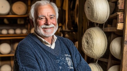 An older gentleman stands in a well-lit workshop, showcasing a warm smile as he poses beside neatly arranged spools of thread, reflecting a craft-rich environment